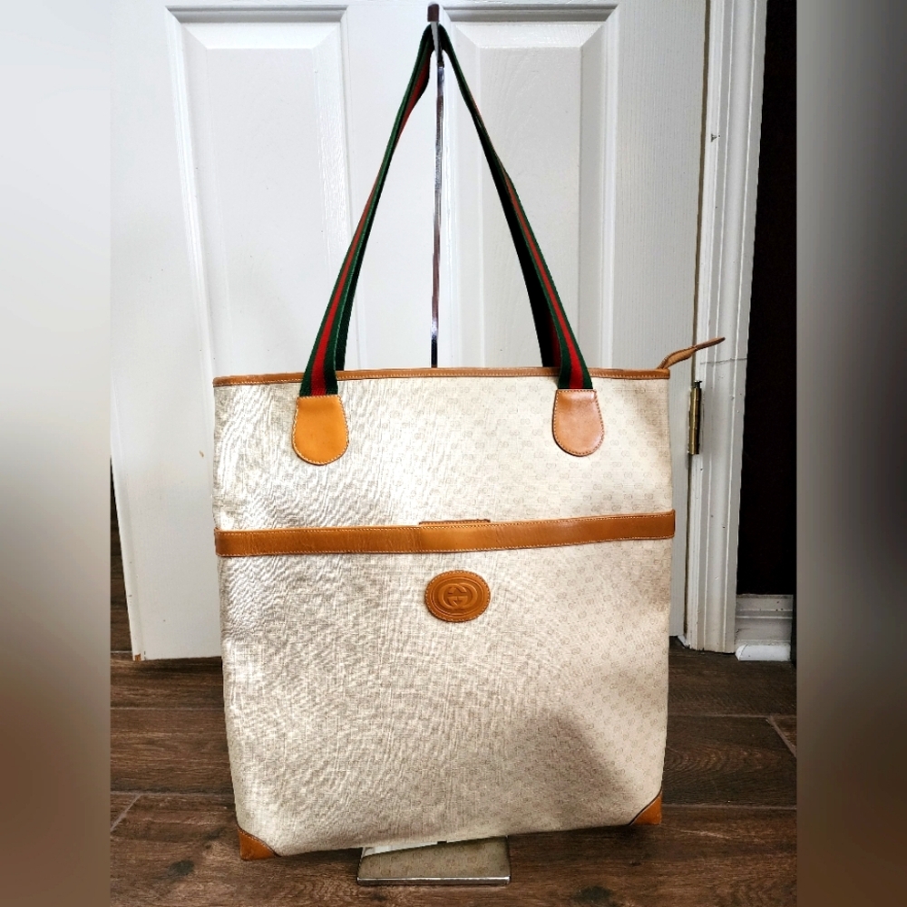 Gucci GG Plus Canvas Web Tote Bag with Leather Trim